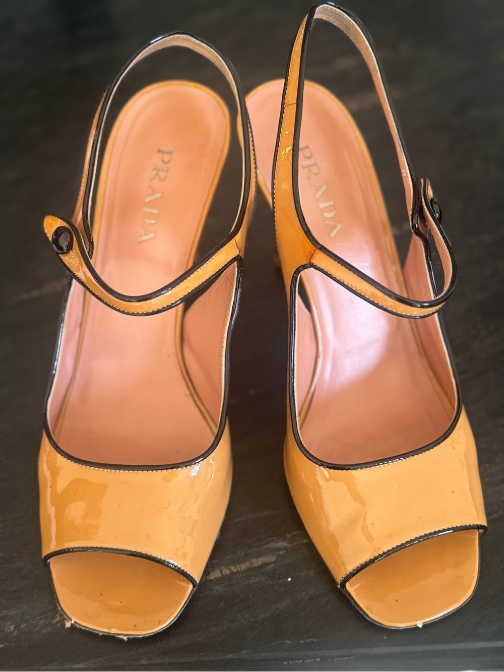 Prada Yellow Patent Leather Peep-Toe Slingback Heels with Black Trim